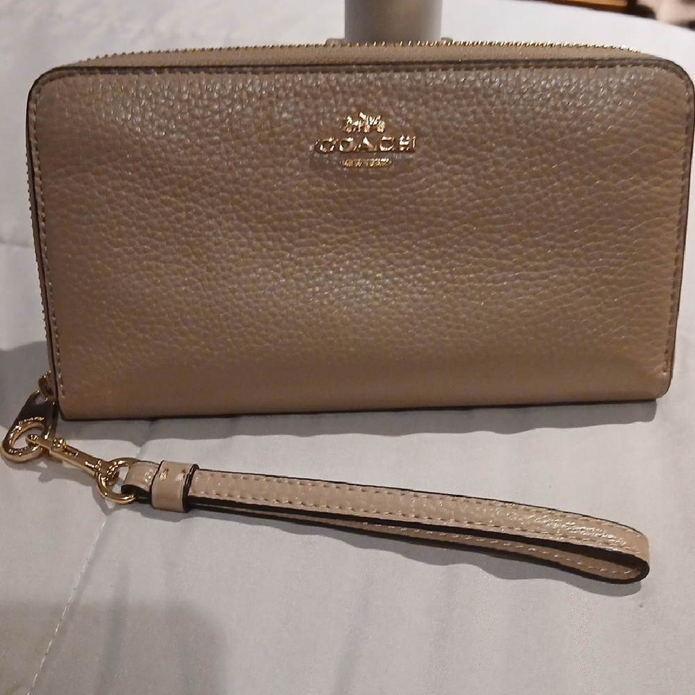 Coach Beige Leather Wristlet with Gold Accents